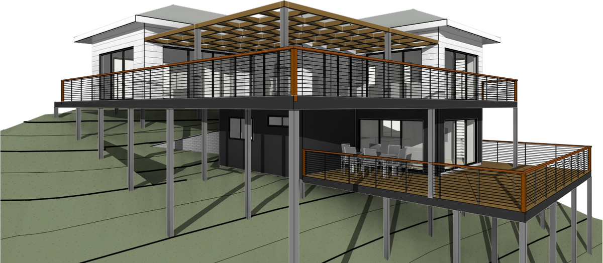 3D design render of a two-storey hillside home with decks