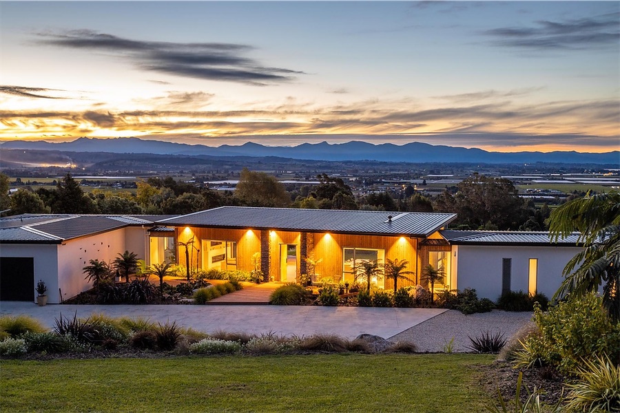 Single-level home at dusk