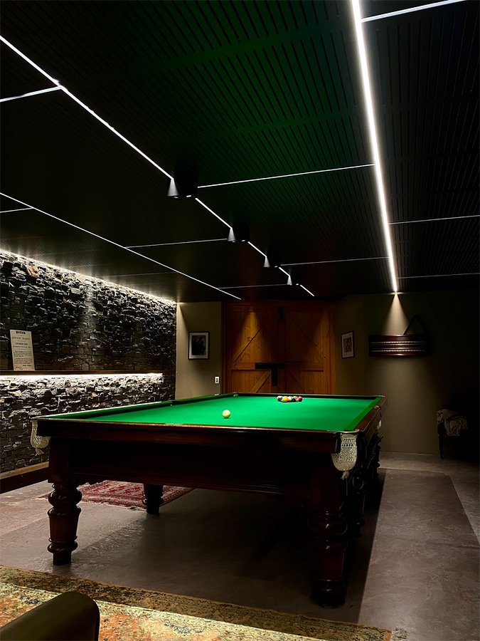 Games room with stone feature wall