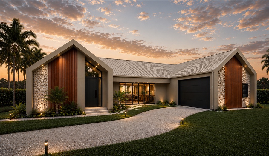 Render of the Eden show home with gabled timber pavilions