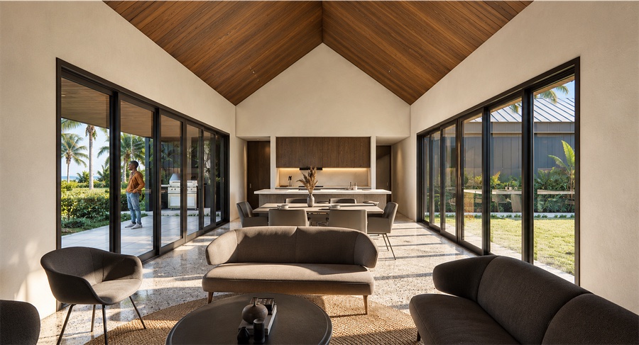 Show home interior: open living under a raked timber ceiling (render)