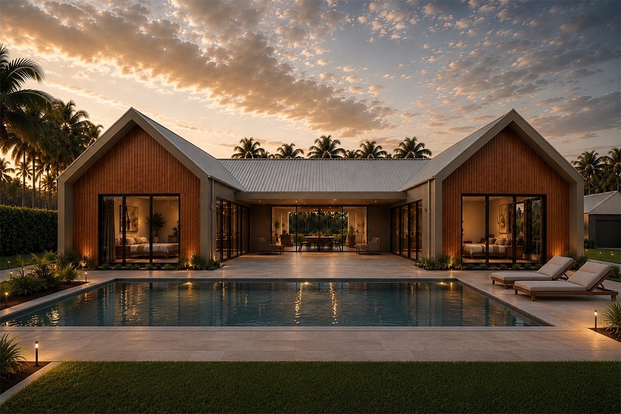 Show home: pool terrace at dusk (render)